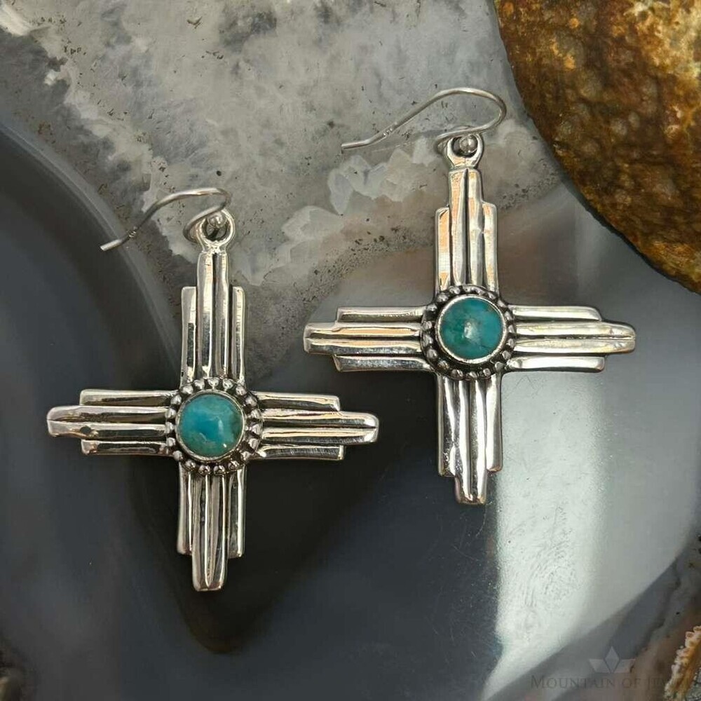 Sterling Silver Southwestern Style Round Mohave Turquoise Zia Dangle Earrings